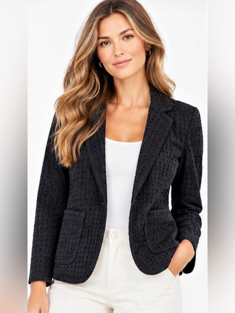 ANN TAYLOR BLACK COTTON EYELET BLAZER JACKET – SIZE LARGE